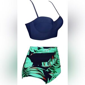 Navy and Aqua Leaf Print Bikini Set cupped wired bra adjustable straps mix match